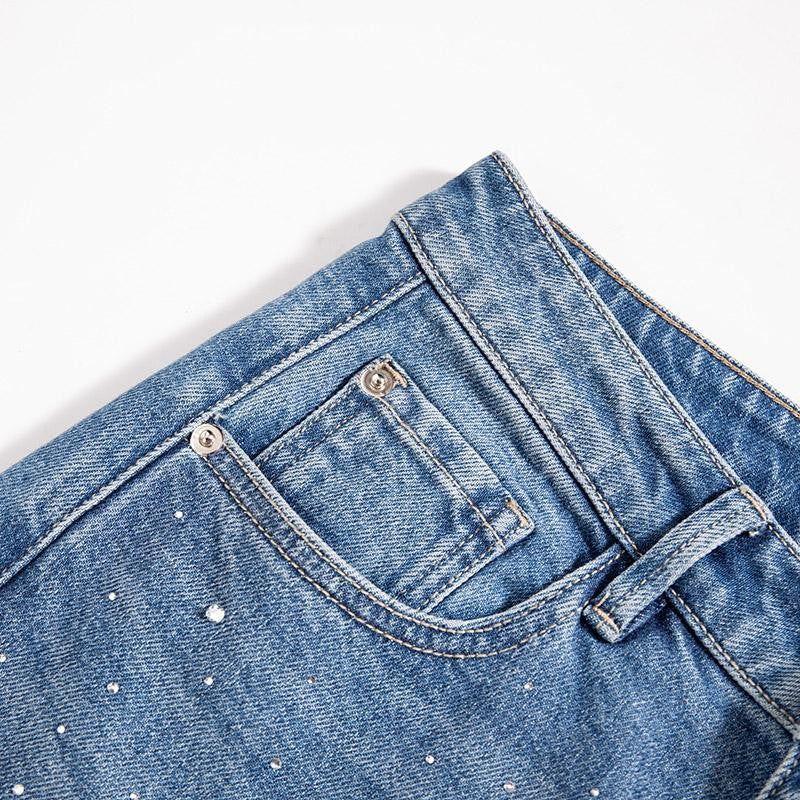 Risen Jeans Raw Hem Floral Lace-Cut Jeans with Rhinestones