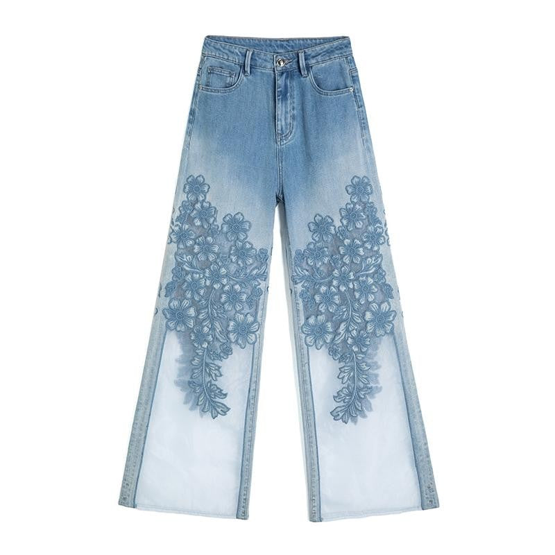 Risen Jeans Organza Patchwork Floral-Embroidered Bootcut Jeans