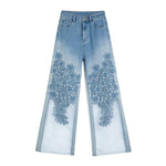 Risen Jeans Organza Patchwork Floral-Embroidered Bootcut Jeans