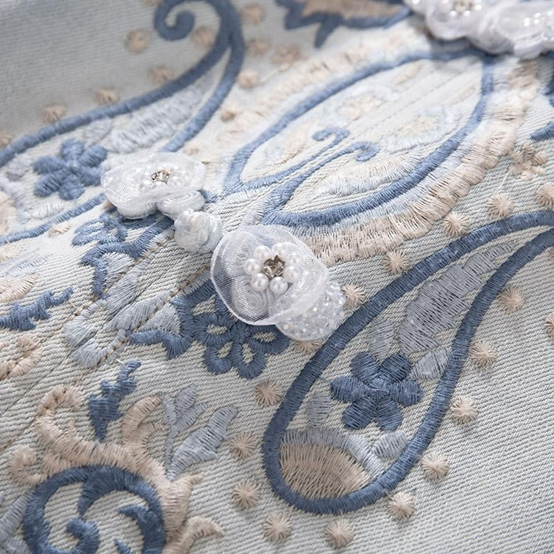 Raw-Edge Hem Heavily Embroidered Denim Skirt