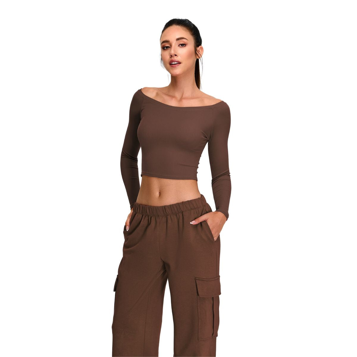 Off-Shoulder Seamless Long-Sleeve Crop Tee