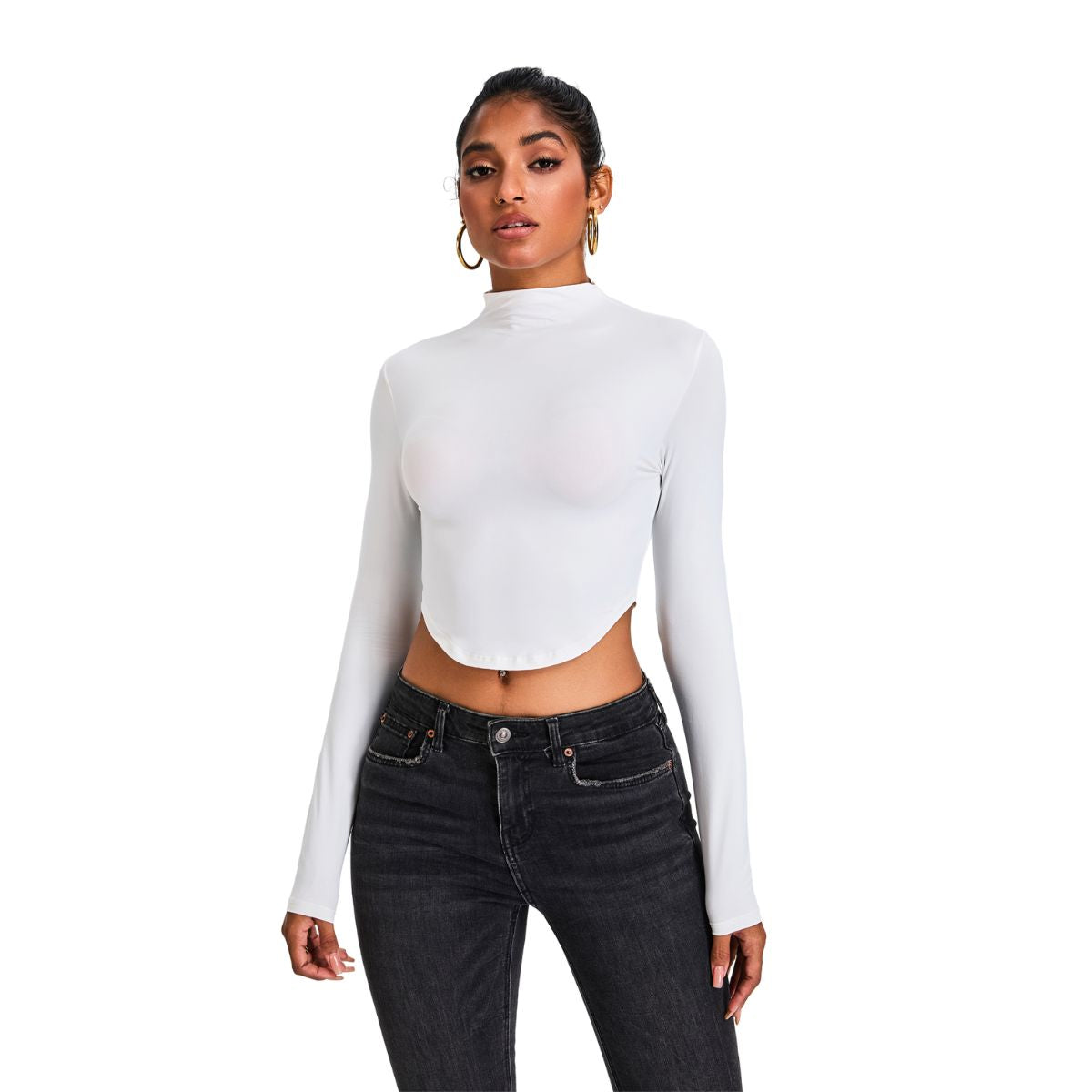 Mock Neck Curved-Hem Long-Sleeve Top