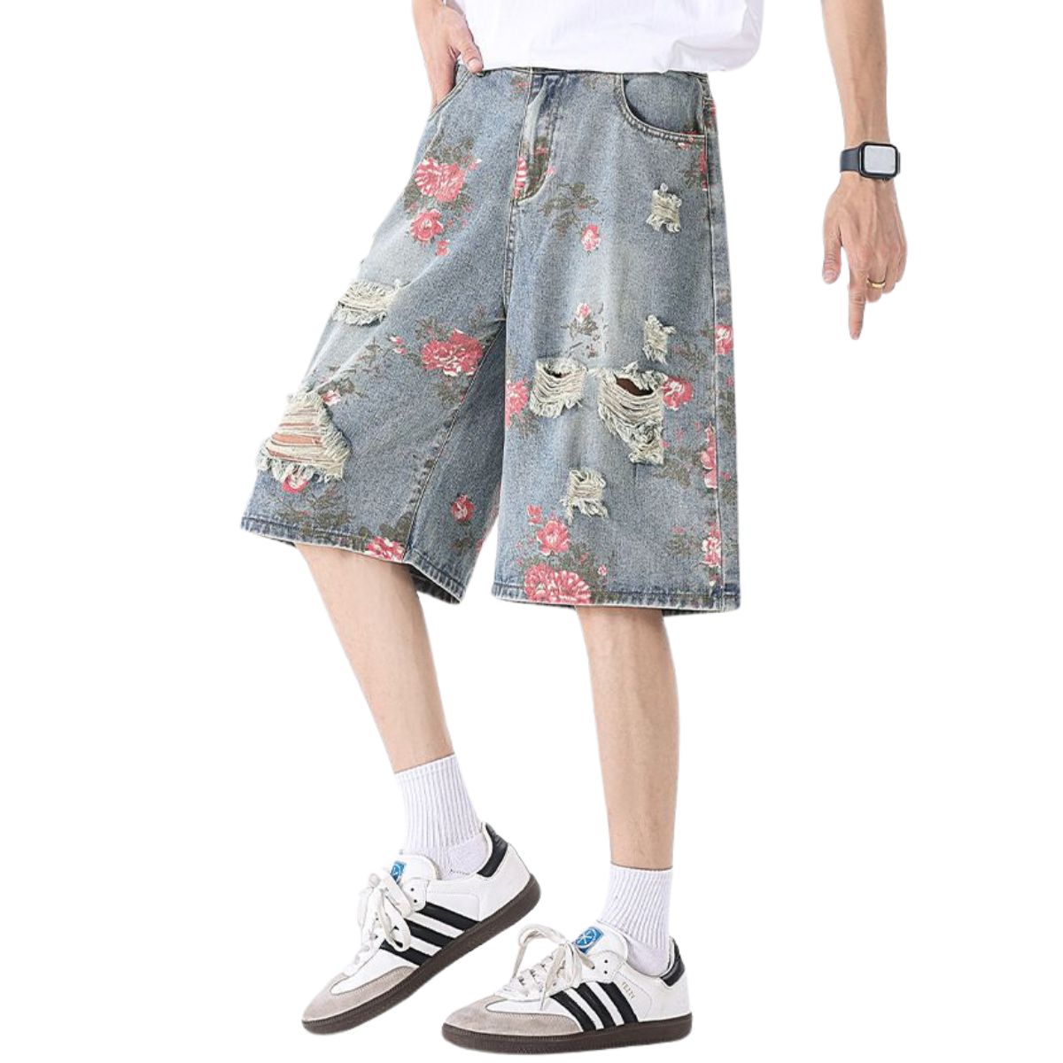 Bermudas vaqueras rasgadas con estampado floral