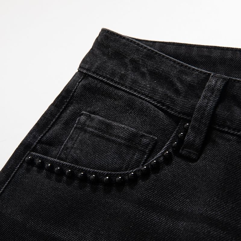 Risen Jeans Rose Embroidered Lace-Cut Jeans with Pearl Beading