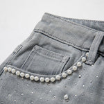 Pearl & Rhinestone Lace-Cut Denim Shorts