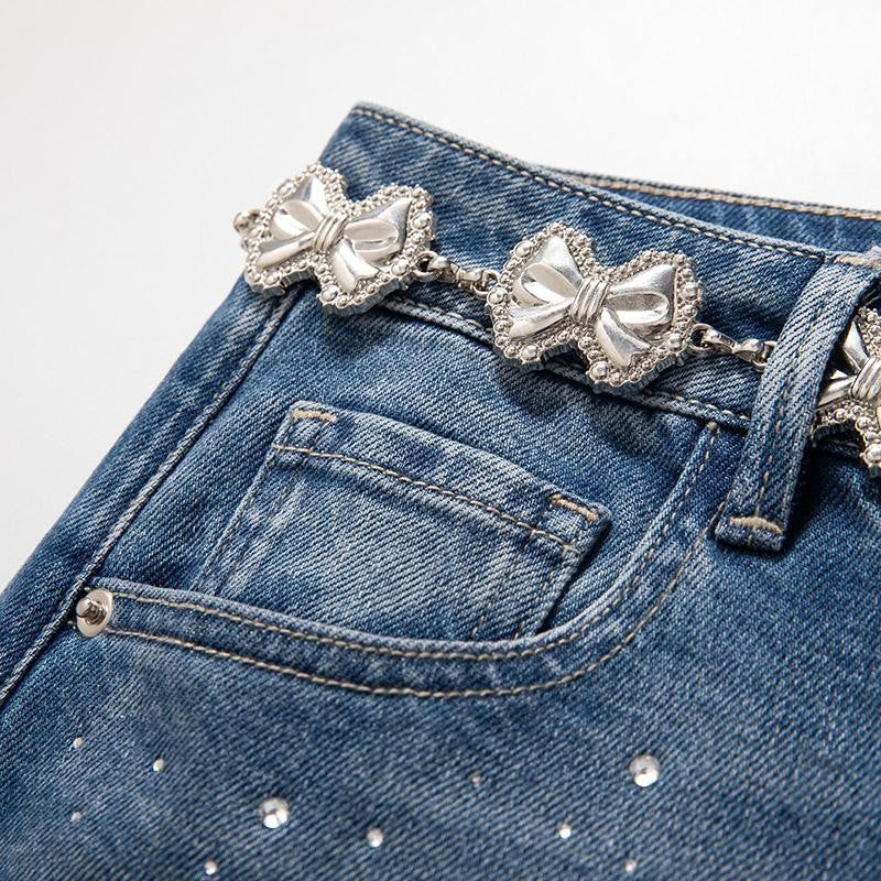 Risen Jeans Rhinestone-Transferred & Embroidered Cut-Out Jeans