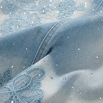 Heavy-Embroidered Rhinestone Denim A-Line Skirt