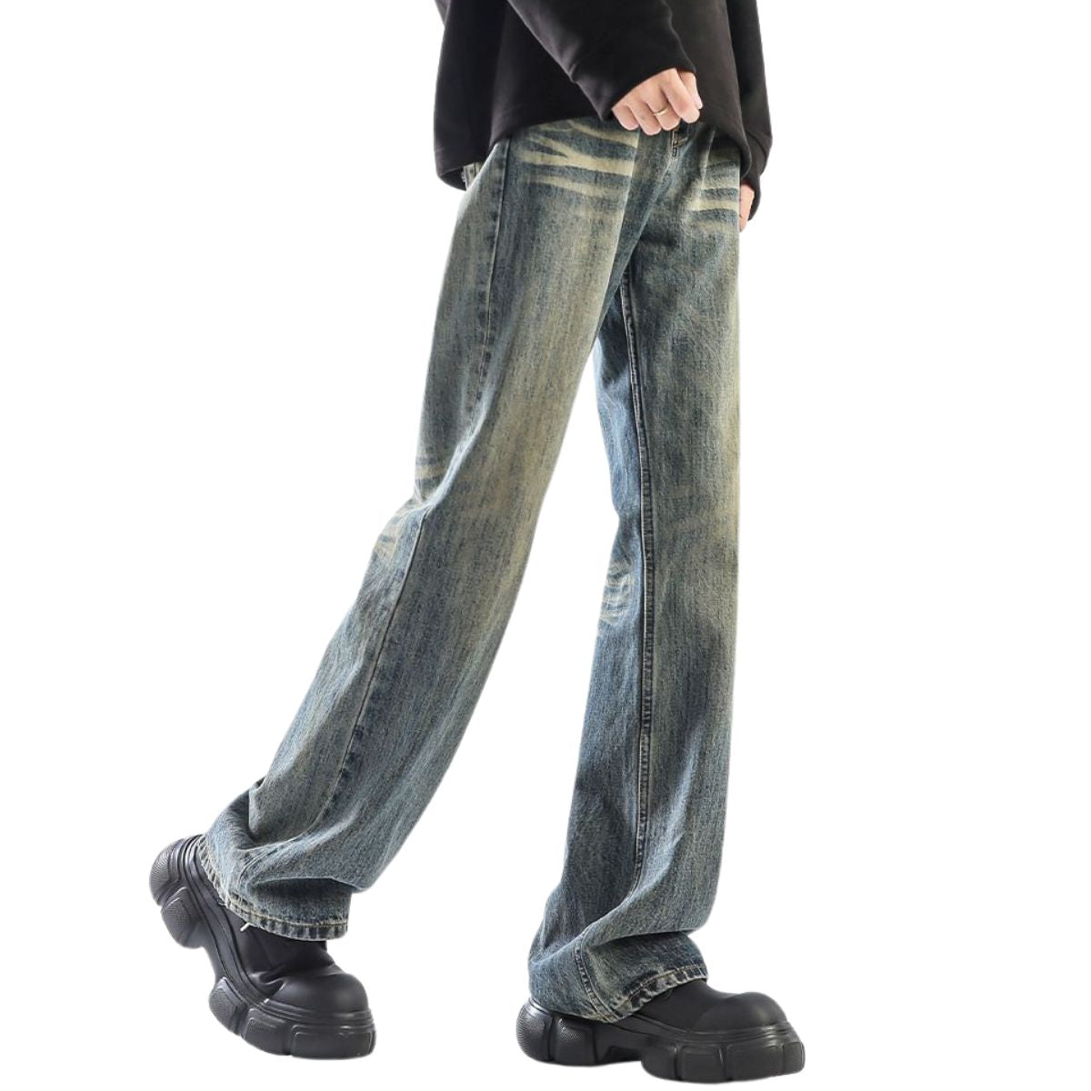 Relaxed Fit Whisker Ripped Denim Jeans