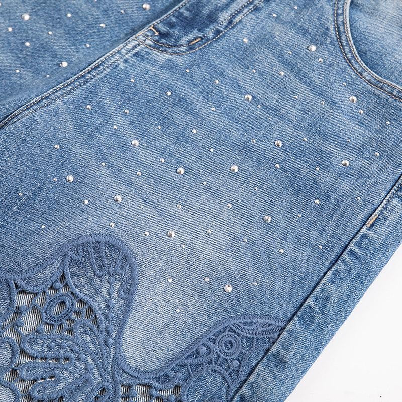 Risen Jeans Raw Hem Floral Lace-Cut Jeans with Rhinestones