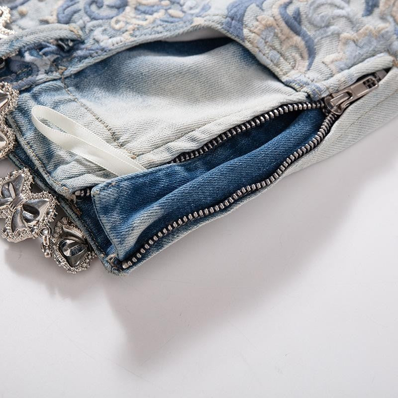 Raw-Edge Hem Heavily Embroidered Denim Skirt