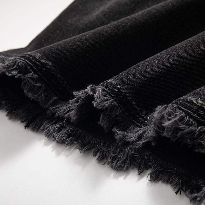 Raw-Edge Hem Heavily Embroidered Denim Skirt