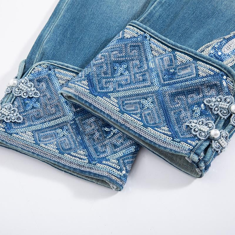 Risen Jeans Phoenix-Embroidered Sequin Tapered Ankle Jeans