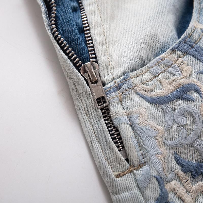 Raw-Edge Hem Heavily Embroidered Denim Skirt