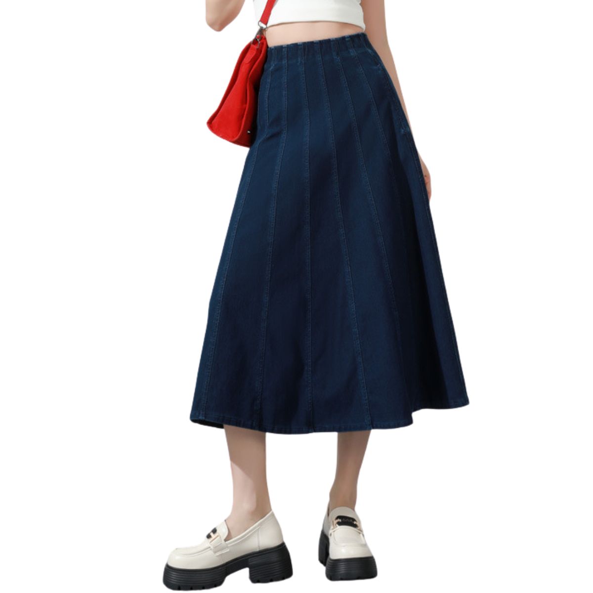 High-Waisted Pleated Knit Denim Midi Skirt