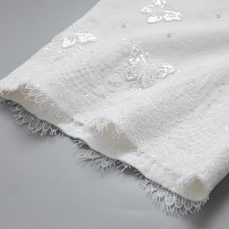 Pearl-embellished Embroidered Butterfly Denim Shorts