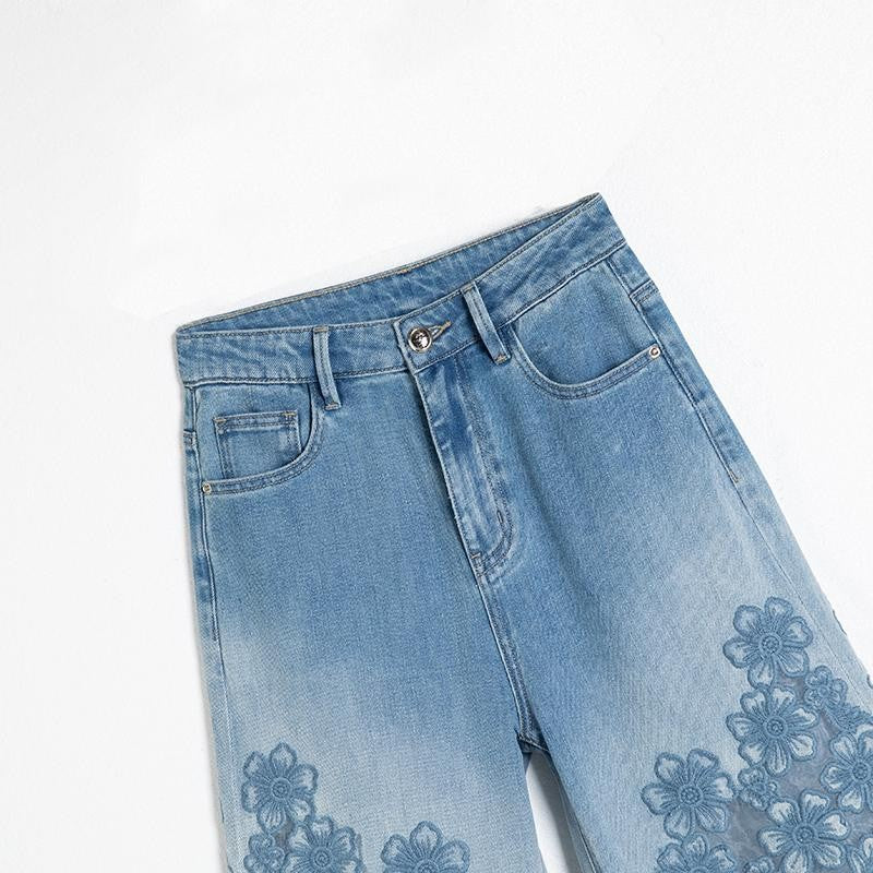 Risen Jeans Organza Patchwork Floral-Embroidered Bootcut Jeans