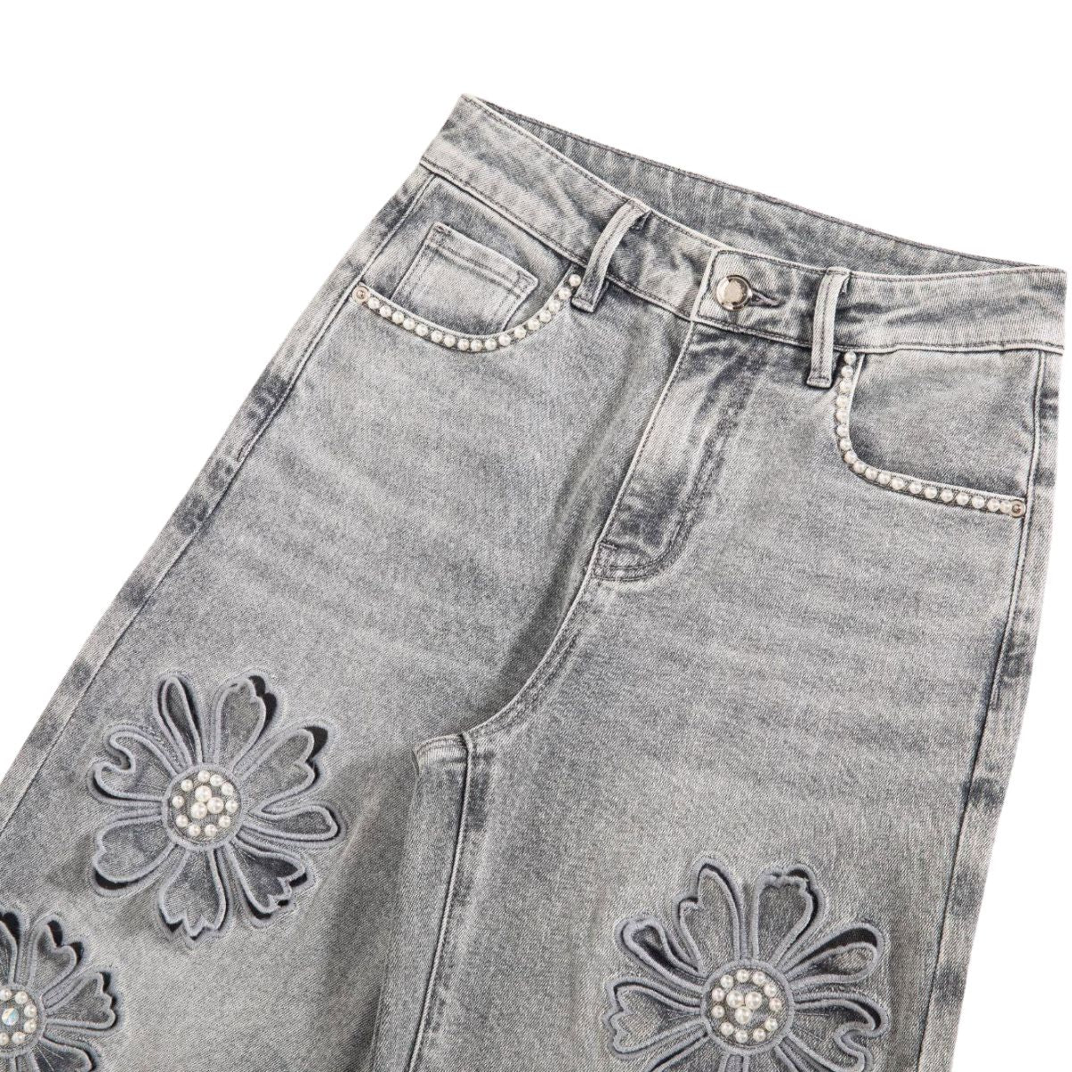 Risen Jeans Beaded-Embroidered Floral Cut-Out Ankle Jeans