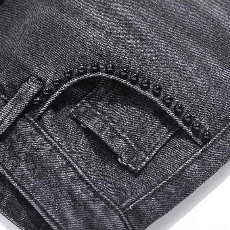 Risen Jeans Pearl-Embellished Embroidery Cut-Out Whisker Jeans