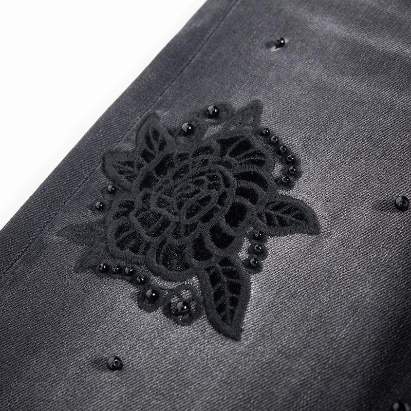 Risen Jeans Pearl-Embellished Floral-Embroidered Whisker Jeans