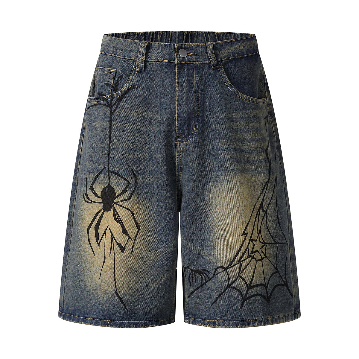 Spider & Web Print Denim Bermuda Shorts