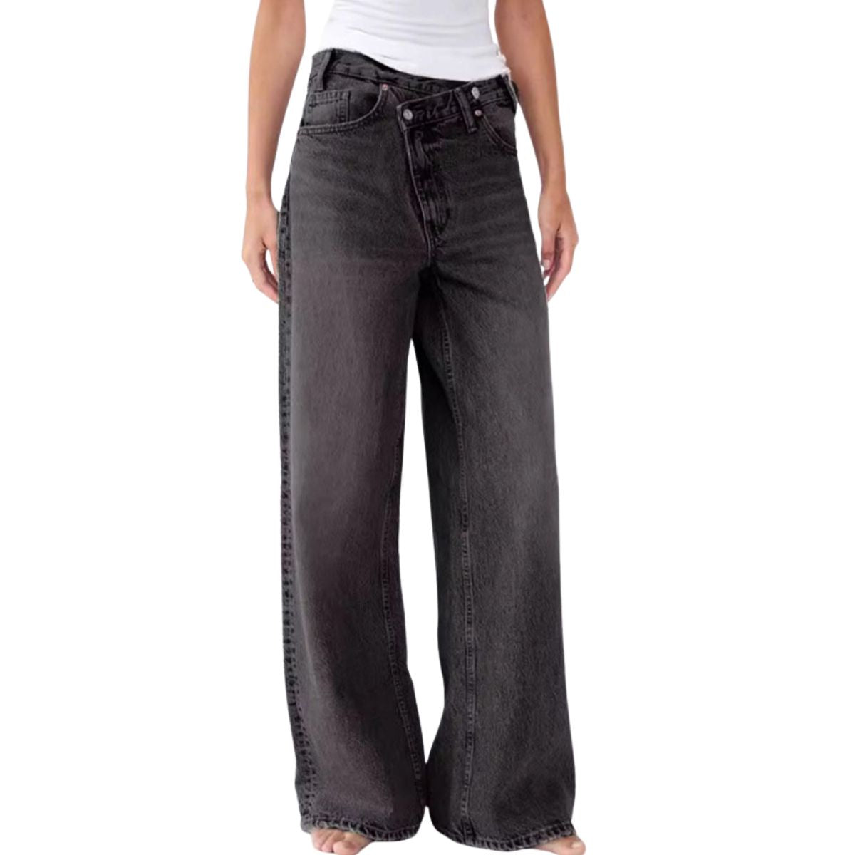 Crossover Asymmetric High-Rise Wide-Leg Jeans