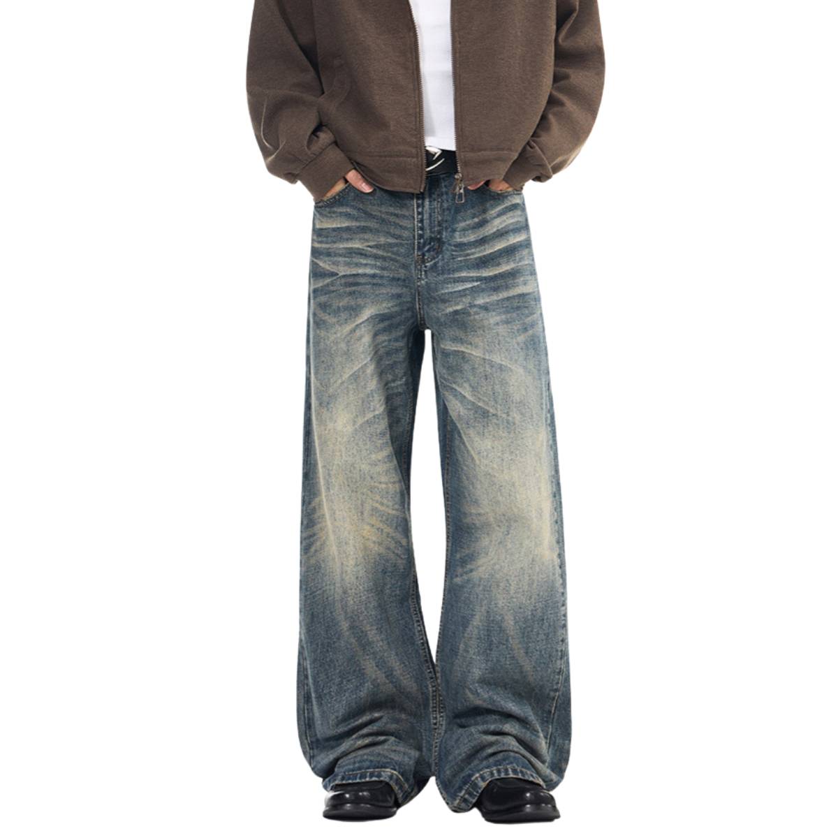 Wash Vintage Whiskered Fluid Flow Wide Leg Denim Jeans