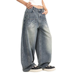 Laser Print Vintage Curved Denim Wide Leg Jeans