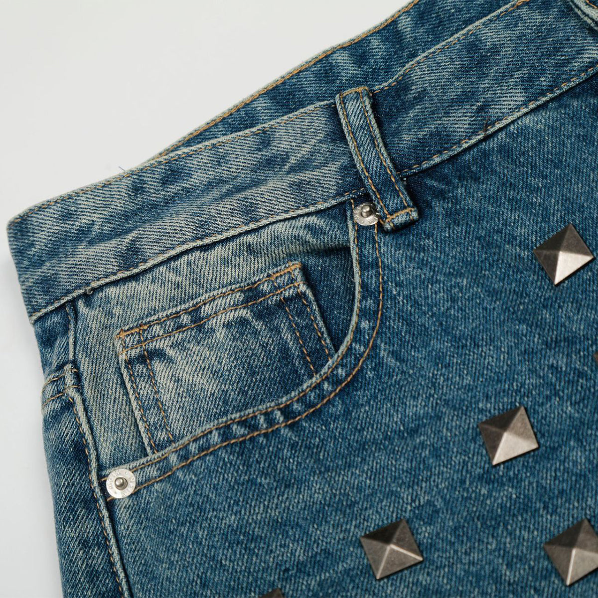 Distressed Metal Stud Wide-Leg Vintage Blue Jeans