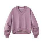 Boxy Short‑Wide V‑Neck Sweatshirt With Gathered Lantern Puff Sleeves