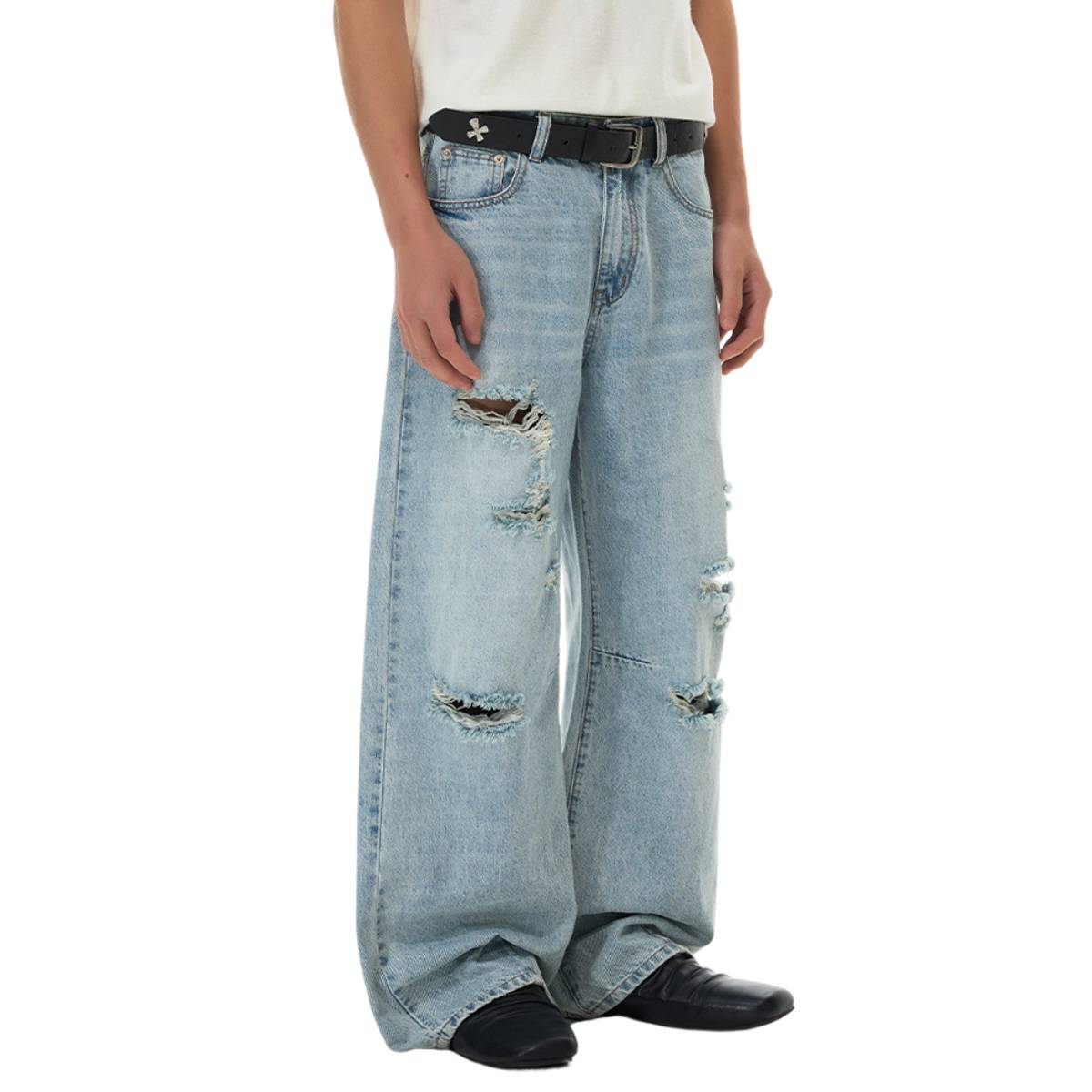 Vintage Washed Ripped Wide Leg Straight Denim Jeans