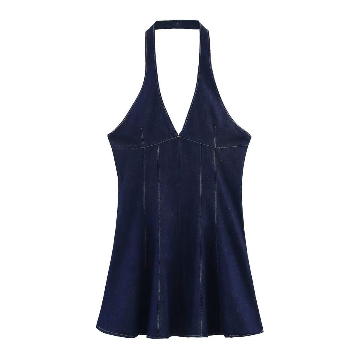 Halter Neck Denim Mini Flounce Dress