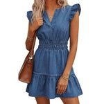 Vestido vaquero midi con cinturón y mangas cortas