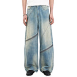 Retro Distressed Washed Baggy Patchwork Zip-Detail Relaxed Straight Fit Denim Jeans