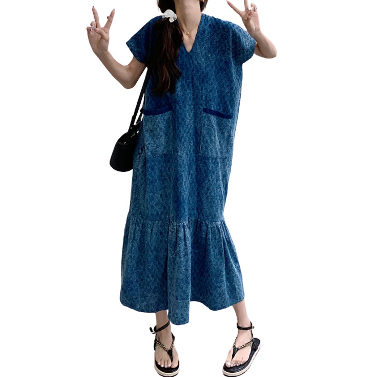 Jacquard Oversized Short-Sleeve Denim Mididress