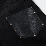 Faux Leather Accent High Waisted Wide Leg Denim Trousers