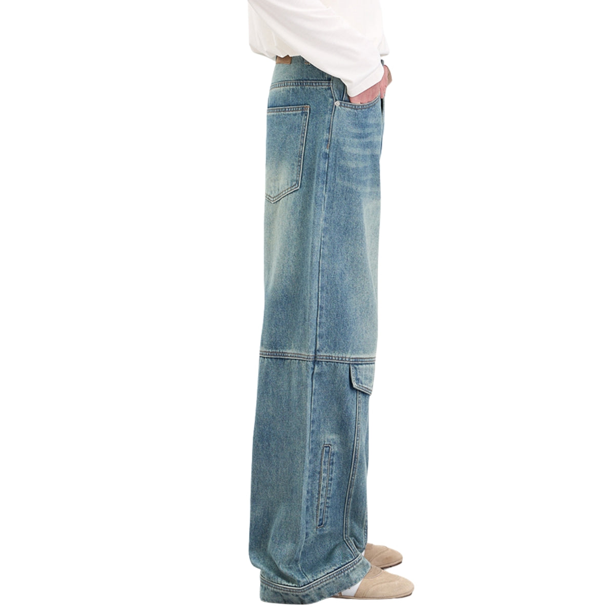 Washed Faux-Pocket Paneled Workwear Baggy Jeans