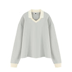 Women's Heavyweight Washed Color Block Collared Long Sleeve Sweatshirt