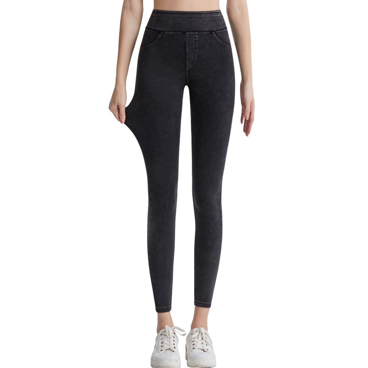 High Waisted Washed Denim Capri Leggings