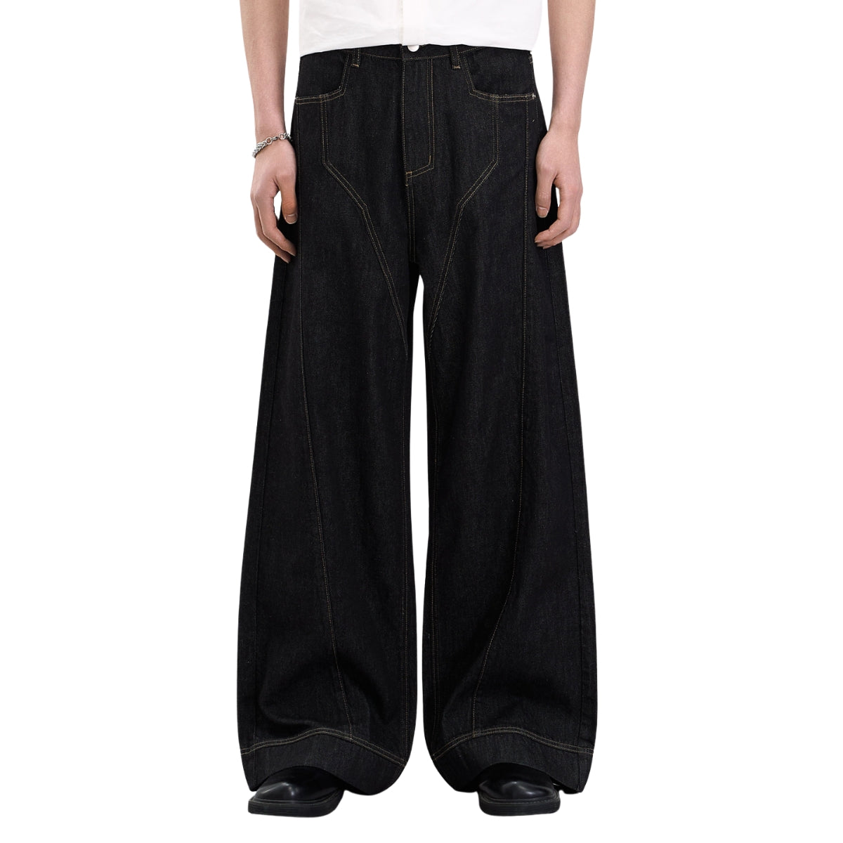 Raw Yellow-Stitch Wide-Leg Curved Baggy Denim Pants