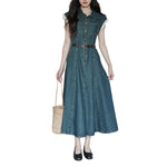 Cap Sleeve Belted Midi Denim Dress