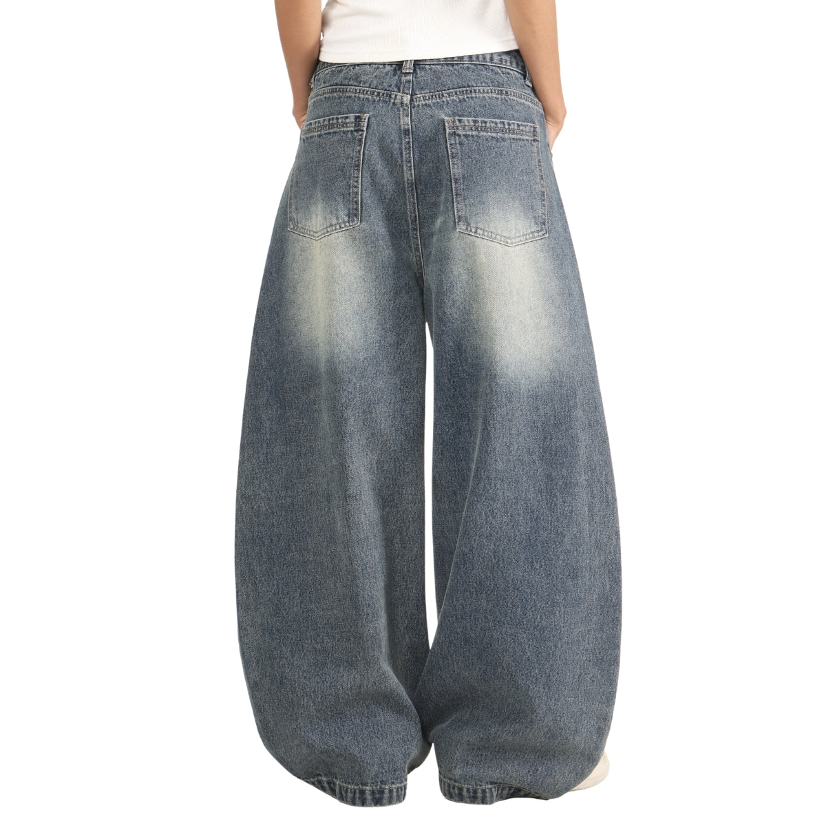 Laser Print Vintage Curved Denim Wide Leg Jeans
