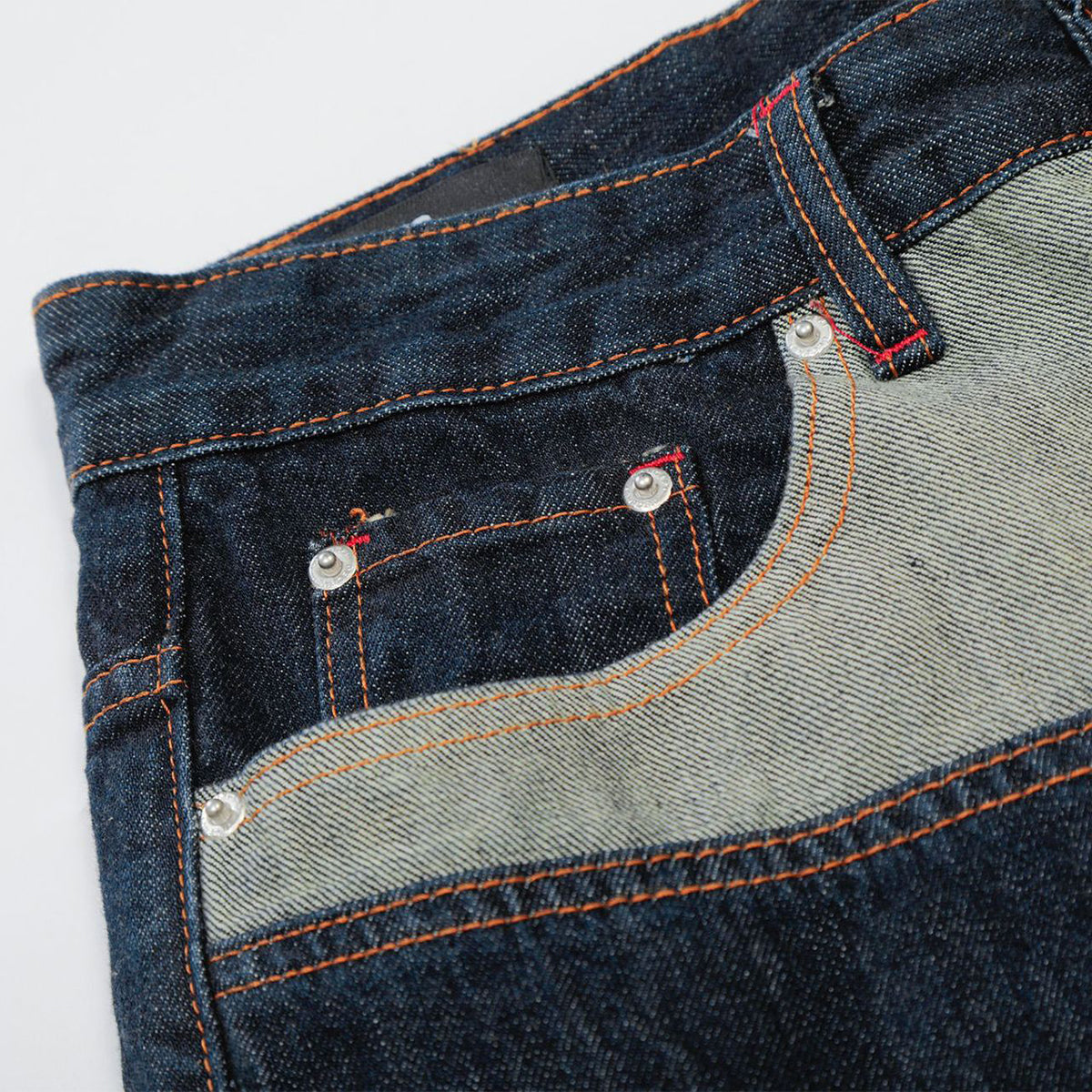 Patchwork Curved Wide-Leg Raw Denim Premium Jeans