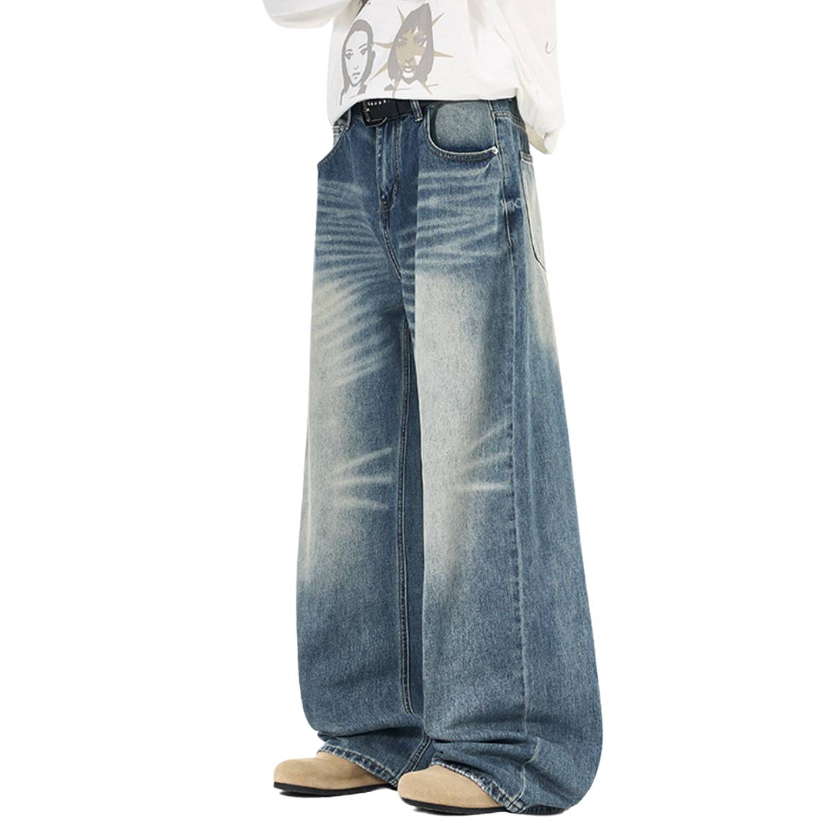 High Street Gradient Washed Whiskered Wide Leg Denim Jeans