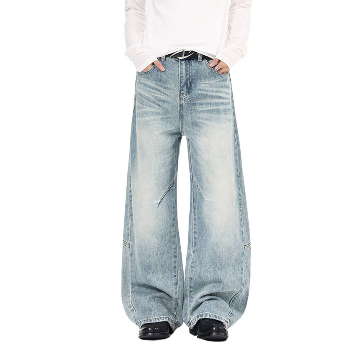 Vintage Washed Curved Loose Wide-Leg Jeans