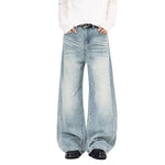 Vintage Washed Curved Loose Wide-Leg Jeans