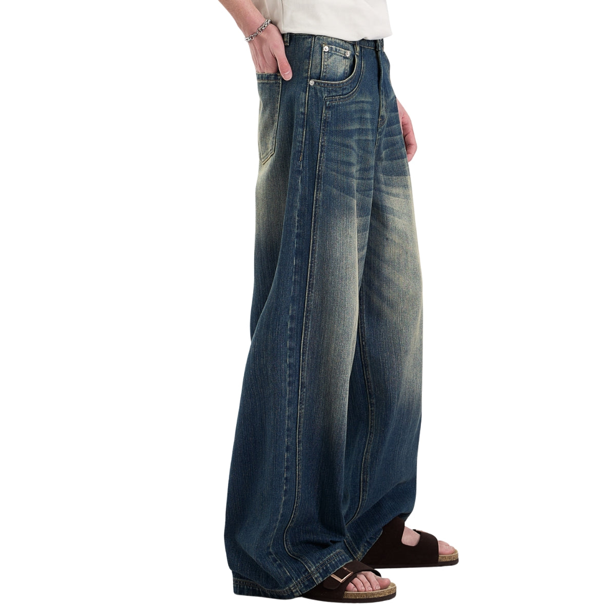 Vintage Whiskered Slub Relaxed Wide-Leg Denim Pants