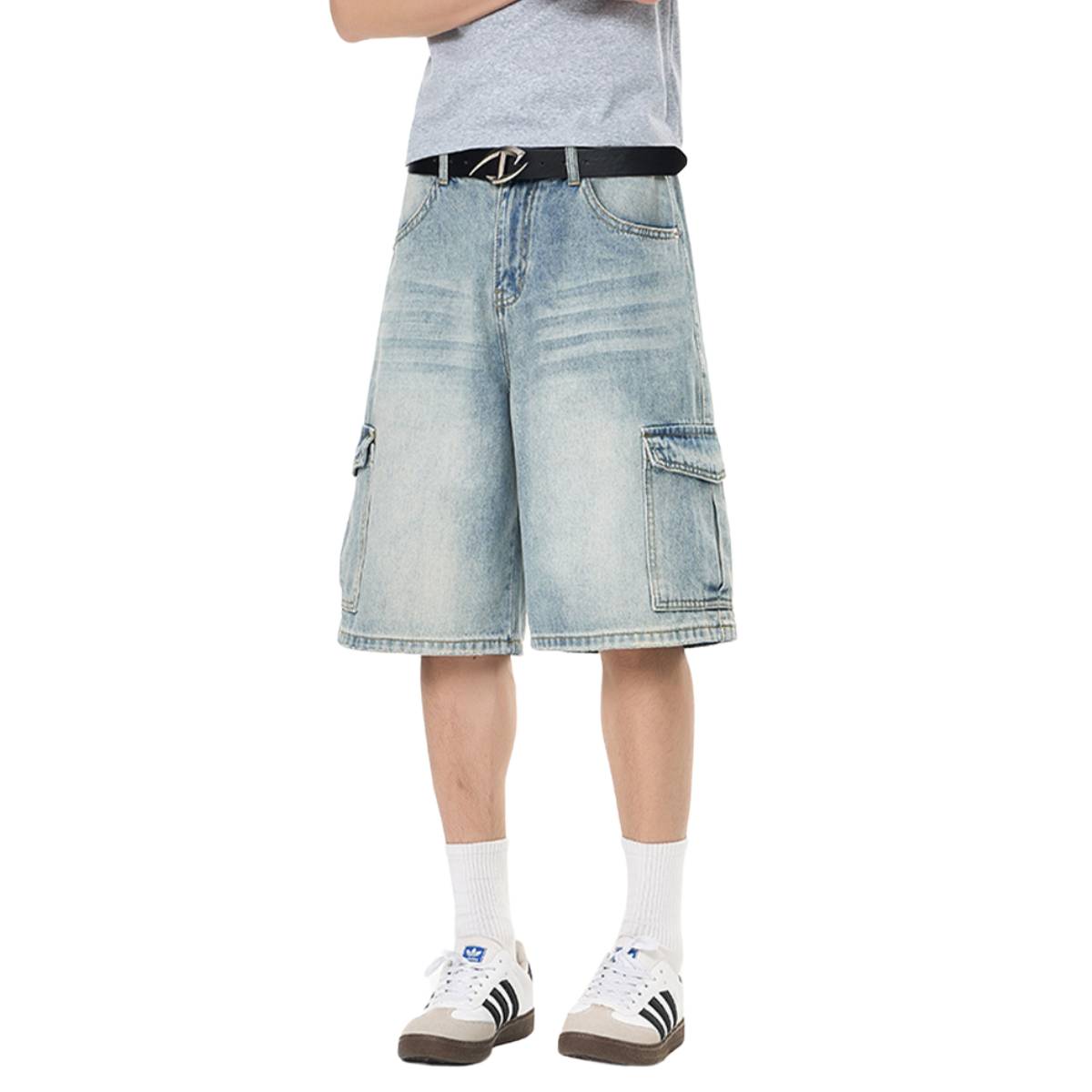 Vintage Washed Multi Pocket Denim Cargo Bermuda Shorts