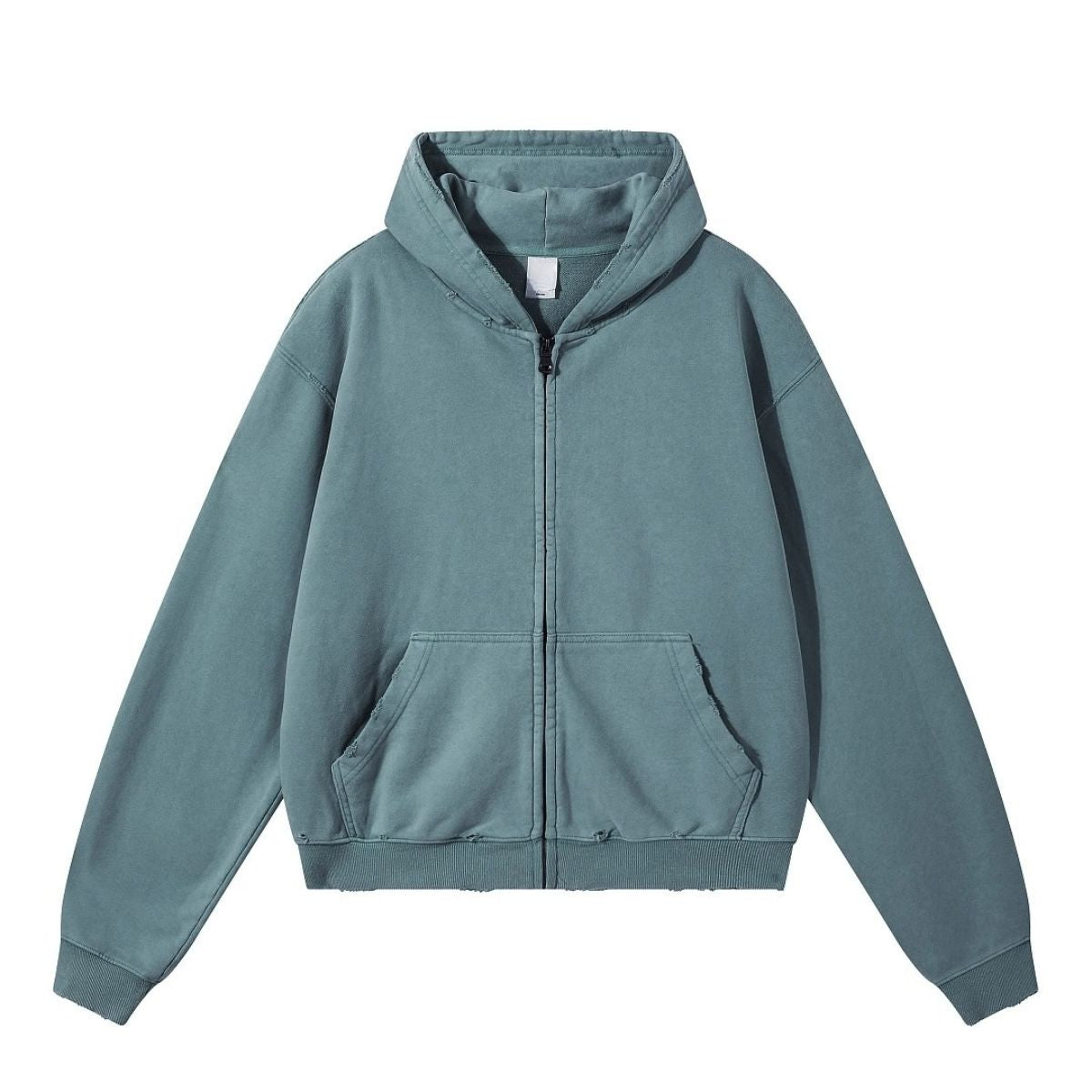 Boxy Cropped Stacked Sleeve Ripped Distressed Full Zip Hoodie