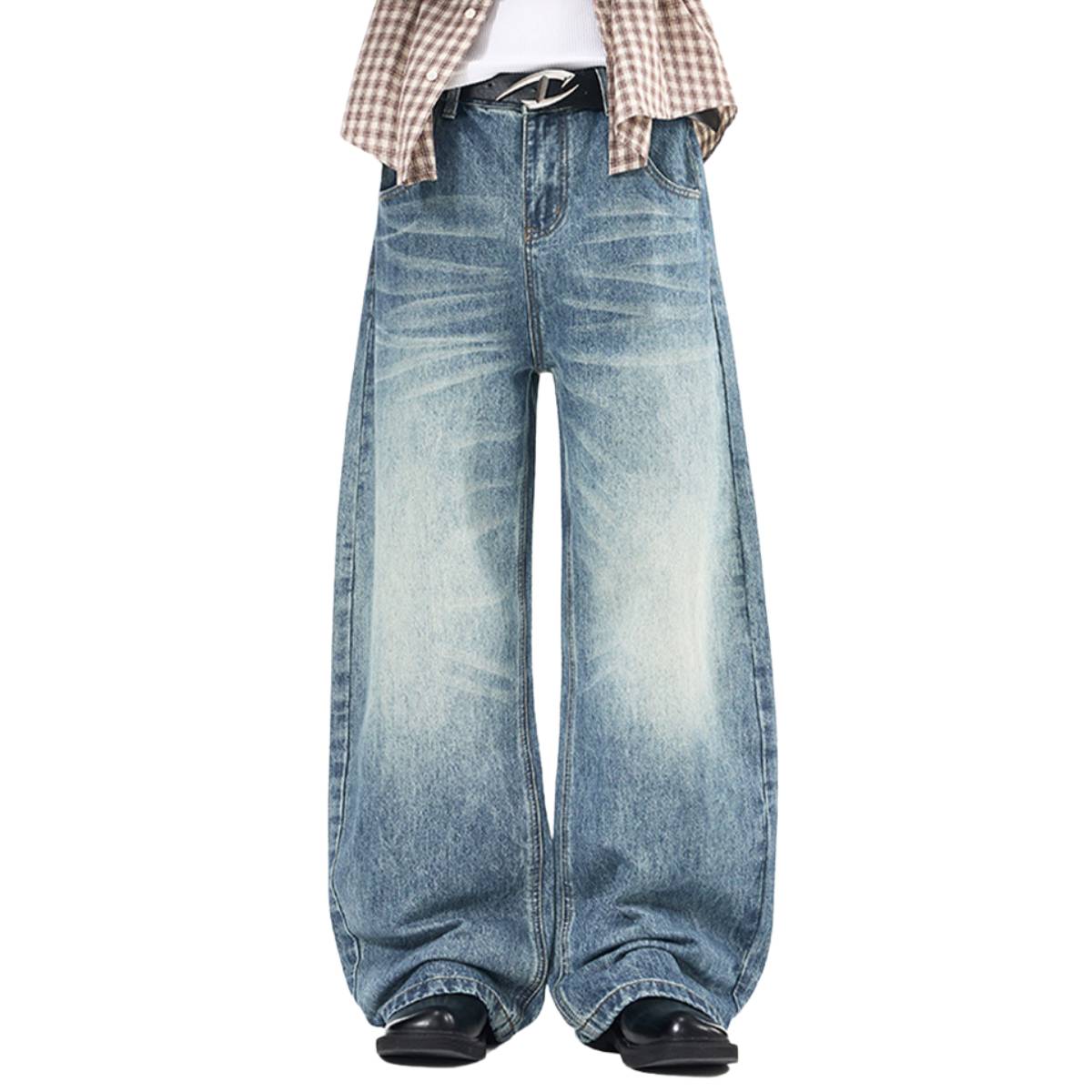 Vintage Whiskered Gradient Washed High Waist Barrel Wide Leg Denim Jeans