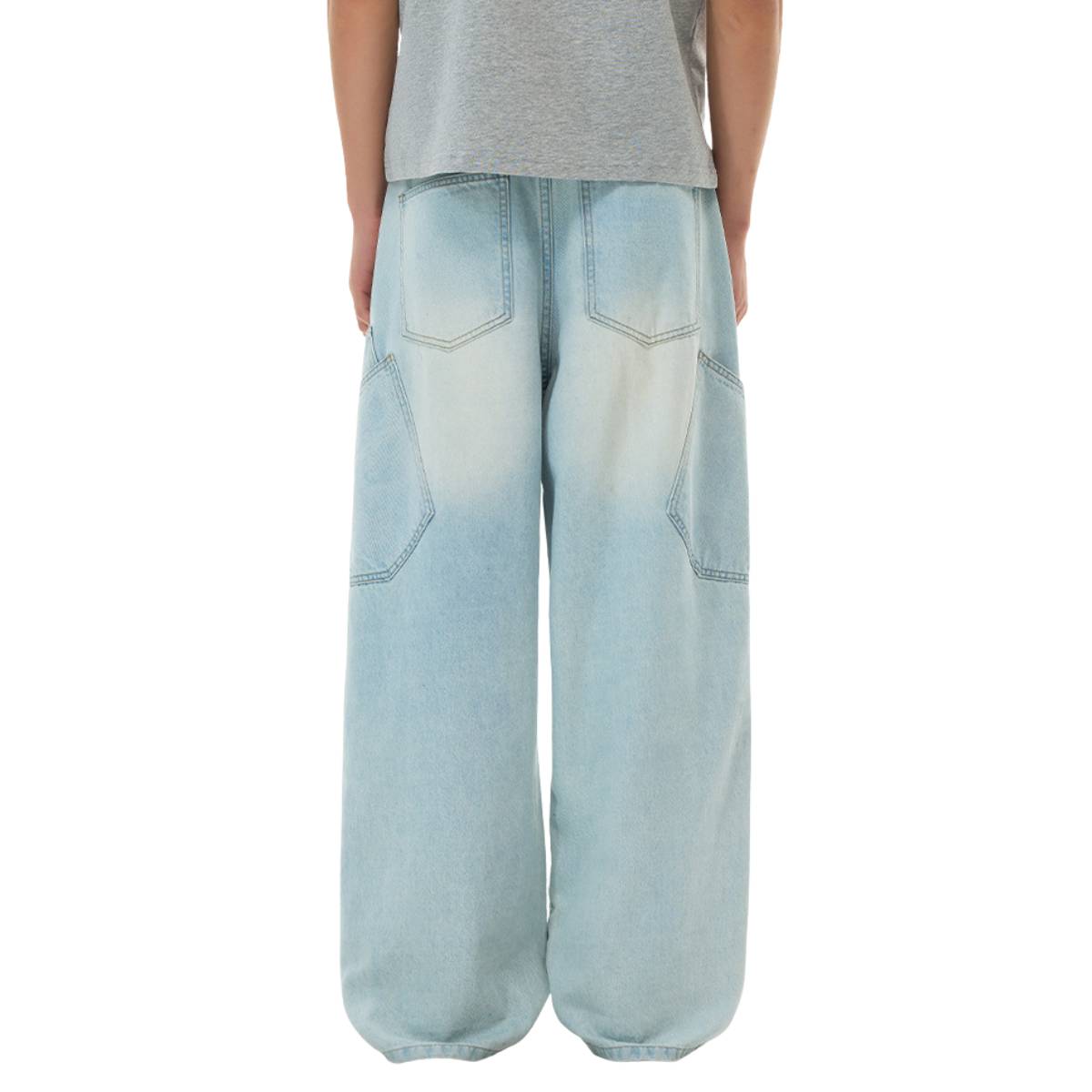 Light Wash Utility Cargo Pocket Wide Leg Jeans